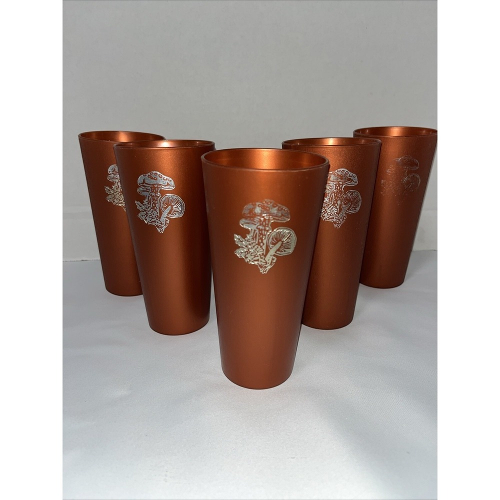 Vintage NASCO 70s MCM Silver Mushrooms Plastic Cup Set of 5 Rust Orange Tumblers